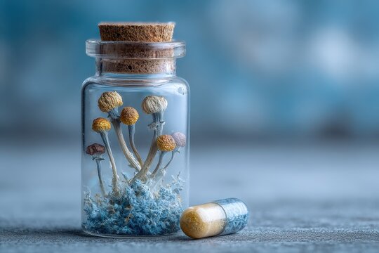 Tiny dried magic mushrooms in corked bottle, capsule nearby on blue surface. Illustrates psilocybin use for natural medicine or mental wellness.