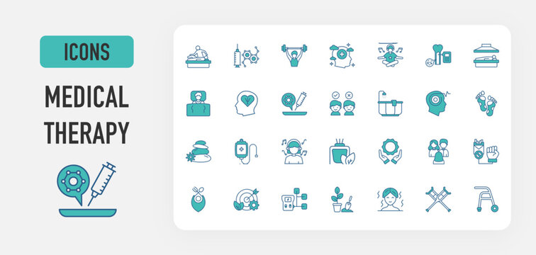 Medical Therapy icon vector. Hormone Therapy, Physiotherapy, Therapy Mental Health, Sound Therapy, Bone Marrow, Exercise, Radiation Therapy, Slumber, Psychotherapy, Stem Cell Therapy illustration. 