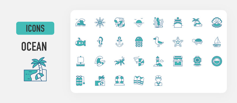 Ocean icon vector. Sea Wave, Ship Wheel, Sea Snail, Sunset, Seaweed, Cruise, Island, Pearl, Submarine, Seahorse, Anchor, Jellyfish, Seagull, Sea Star, Turtle, Boat, Raft, Surfing illustration. 