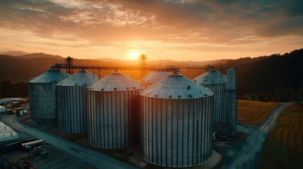 Aerial view of modern grain silos glowing under a stunning sunset. Perfect for themes of farming, food supply, energy, and global trade.