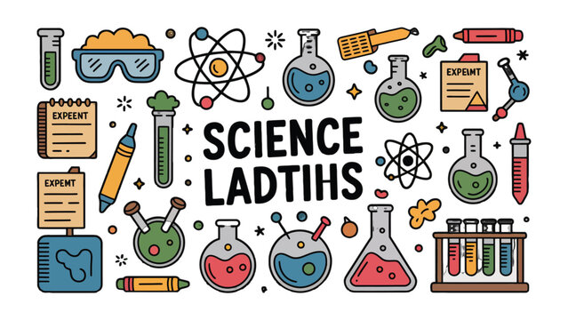 Science in Miniature: A visual compendium of science laboratory tools, including beakers, test tubes, and atom illustrations, encapsulates the essence of scientific exploration.