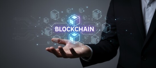 Businessman holding an open palm, showing the blockchain concept with glowing digital text, linked data cubes, and circuit lines, representing secure decentralized technologies