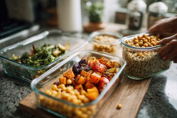 Obraz premium Overhead shot of clean modern kitchen counter with glass meal-prep containers being filled with quinoa, roasted vegetables and chickpeas