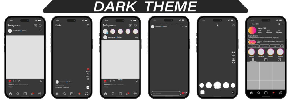 instagram A collection of modern smartphone screens displaying various social media application interfaces, including feed, reels, stories, and profile pages, all rendered in a dark theme UI/UX vector