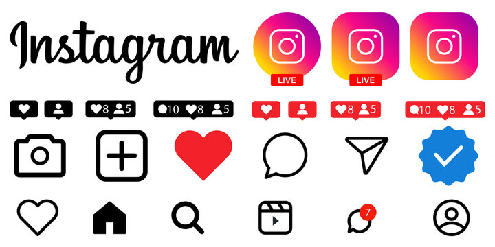 instagram A large collection of popular social media application interface icons, featuring gradient camera logos, notification bubbles, likes, comments, verified badges, and navigation symbols 