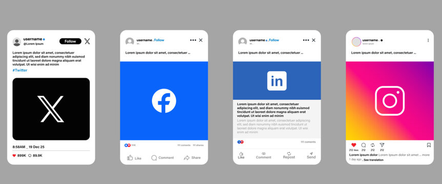post mockup Vector illustration showing four popular mobile social media feed templates side-by-side, including X, Facebook, LinkedIn, and Instagram interfaces with placeholder text and interaction 
