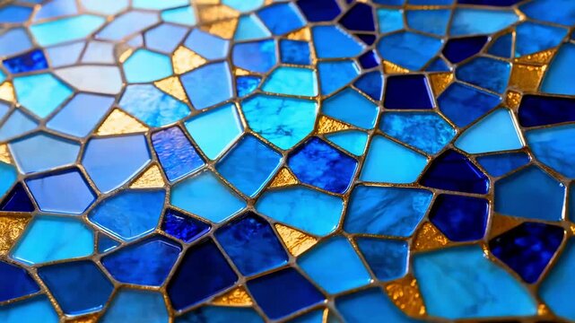 Close-up view of vibrant blue and cyan stained glass mosaic featuring irregular tesserae separated by glittering gold grout lines, creating an intricate abstract pattern for decorative arts.