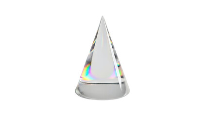 Clear cone-shaped prism with rainbow light refractions