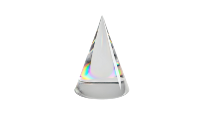 Clear cone-shaped prism with rainbow light refractions