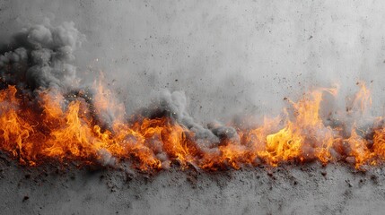 Blazing orange fire and dark smoke burst across a textured gray wall. Use for themes of danger, power, protest, crisis, or abstract energy.