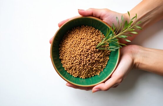 Female hands hold a green bowl filled with finger millet grains. A sprig of green leaves decorates the healthy food. Nutritious seeds are isolated on white background.
