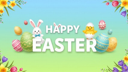 Happy Easter Greeting Banner with Colorful Painted Eggs, Cute Bunny, and Spring Flowers
