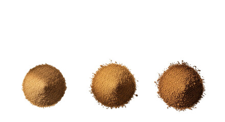 Three distinct, organic piles of finely ground light brown natural material (like sand, spices) on an immaculate white background, soft high-key studio light, flat lay, copy space. Concept of data