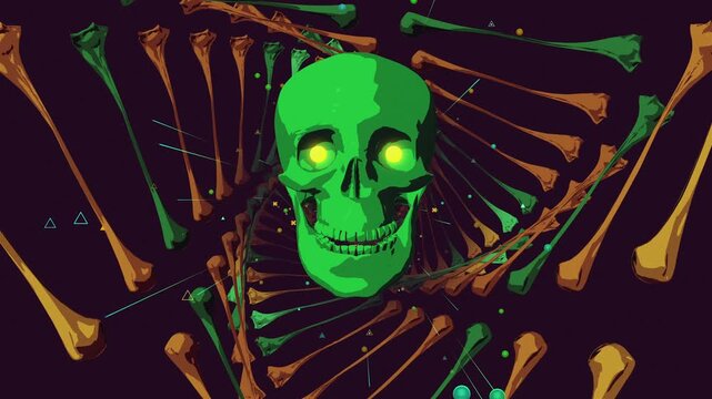 4k Stylized horror motion background featuring a skull with glowing eyes in a dark purple vortex