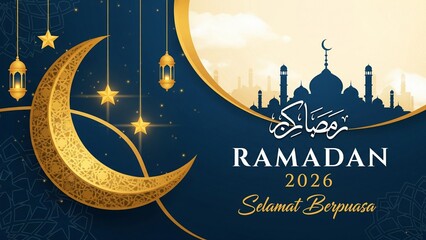 Ramadan Kareem 2026 Islamic Greeting Banner with Golden Crescent Moon, Lanterns, and Mosque Silhouette