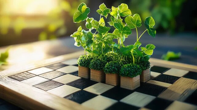 Young green plants growing wooden chessboard squares with sunlight creating fresh vibrant nature symbolizing growth and strategy bright natural