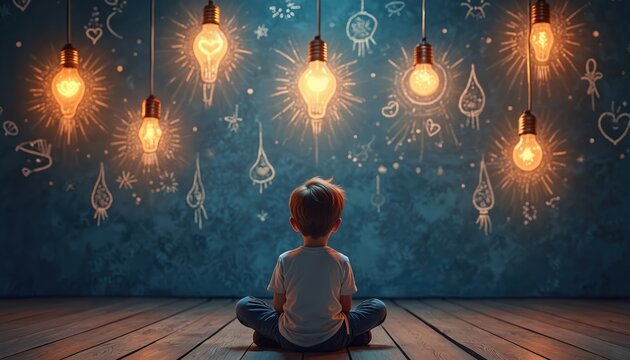 Child sits on wooden floor gazing at shining light bulbs. Artistic wall background features light bulb shapes and drawings. Imagination concept represents new ideas for children education.
