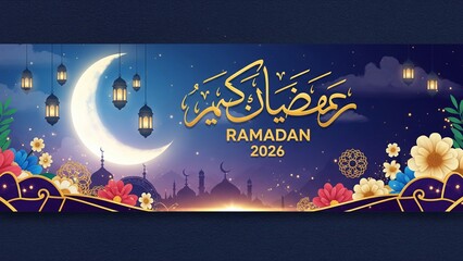 Ramadan Kareem 2026 Islamic Greeting Banner with Golden Crescent Moon, Lanterns, and Mosque Silhouette