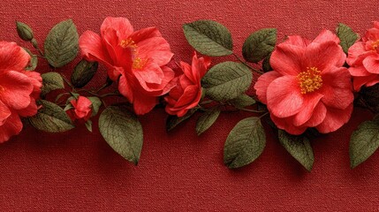 Elegant red paper flowers with green leaves on textured red background. Ideal for backgrounds, borders, cards, and romantic design elements.