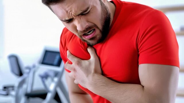 Man red shirt clutching chest pain heart attack discomfort fitness center exercise equipment intense distress gym background