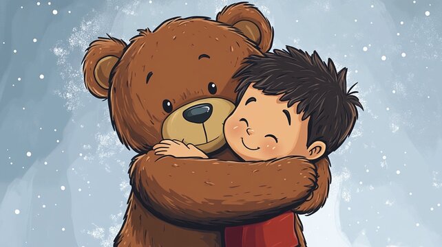 A cartoon tedy bear with a small cartoon boy hugging each other.