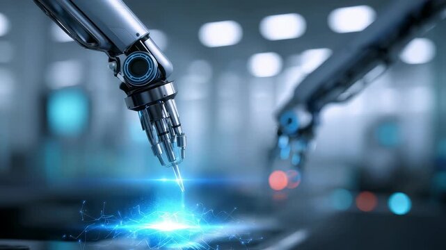 Two robotic arms utilize laser technology for intricate tasks in a state of the art industrial facility. The scene highlights innovation, efficiency, and the future of automated production lines