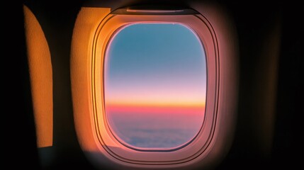 A breathtaking sunset view through an airplane window, with a mesmerizing blend of colors painting the sky. A serene and dreamy atmosphere that inspires wanderlust.