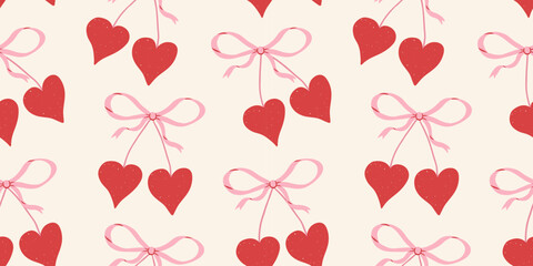 Coquette seamless pattern with hand drawn cherry hearts and bows. Cute girly background. Modern vector print  for wrapping paper, holiday decor, packaging, fabric, textile.