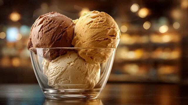 Three Scoops of Gourmet Gelato in Glass Bowl Dessert Treat