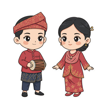 Indonesian Malay Traditional Couple Wearing Baju Kurung And Teluk Belanga