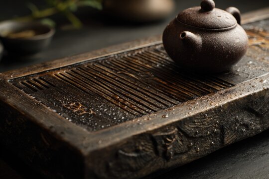 Detail of wooden tea tray chaban with carved drainage grooves and small clay teapot sitting off-center
