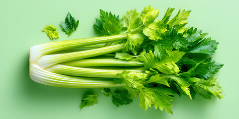 Fresh celery stalks arranged neatly on a plain light green background healthy food lifestyle flat lay