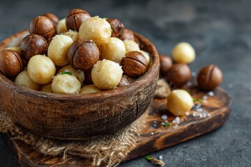 Fresh macadamia nuts, shelled and in-shell, sprinkled with sea salt. Ideal for healthy eating, recipes, and gourmet food promotions.