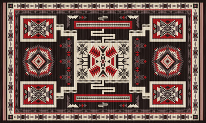 Navajo storm pattern rug style vector.Sacred mountain symbolism with central rectangular motif connecting four corners.Representing weather,lightning.Carpet southwestern tribal geometric illustration.