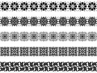 Floral geometric 5 set elements border strip lines.Seamless flower black in white background.Elegant mandala inspired ornamental with symmetry.Design for frame,print,textile,tatoo,embroidery,decorate.