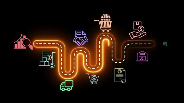 Digital procurement and supply chain management concept on the transparent background. Digital procurement process integrated with analytics, logistics, contracts, supply chain management. 4k video.