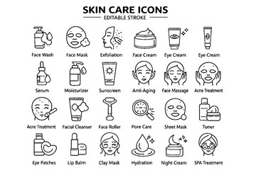 Fototapeta premium Skin Care Icon Set. Editable Outline Vector Symbols for Facial Treatment, Beauty Products, Cosmetic Routine, Sunscreen, Acne Care, Anti Aging and Dermatology