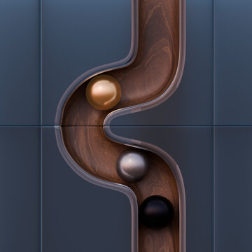 Metallic balls on curved wood track, Physics flow and dynamics, Workflow, process and progress