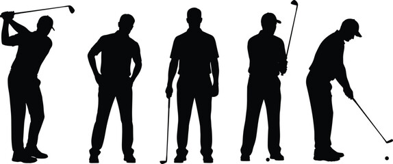 Obraz premium Golf player silhouette set showing different swing and putting poses, professional golfer action collection isolated on white background illustration