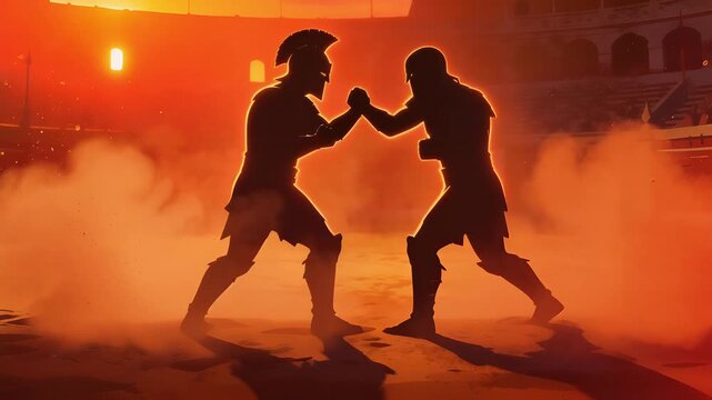 Silhouettes of two gladiators in an arena ready to fight with dramatic lighting and dust.