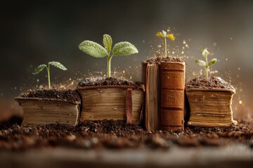 Green sprouts grow from old books in dark, fertile soil. Symbolizes knowledge, education, growth, and wisdom.