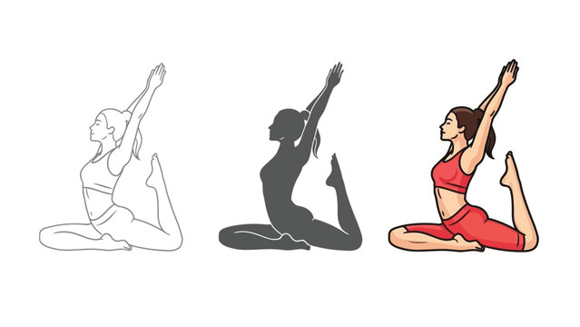 Set of three illustrations of a woman performing king pigeon yoga pose eka pada rajakapotasana in outline, silhouette, and full color styles