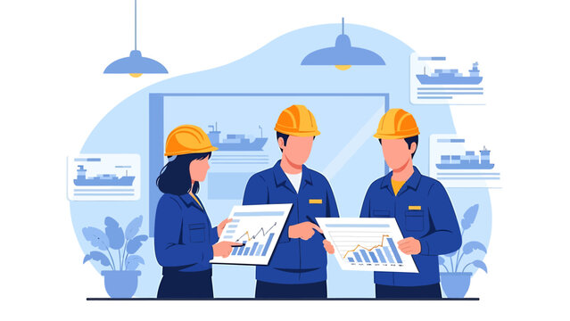 Three engineers in hard hats discussing project plans.