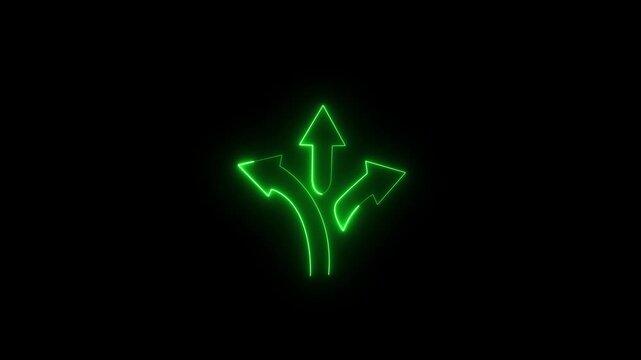 Glowing green neon arrow splitting into three diverging paths animation on a black background, decision, choice, direction, opportunity, or strategy
