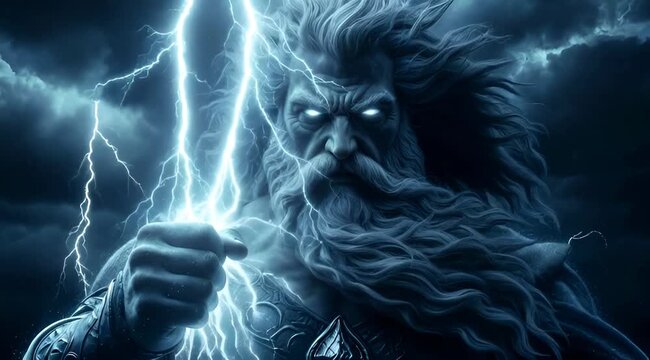 Epic Mythological Zeus Greek God Wielding Powerful Lightning Bolt Dramatic Storm