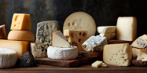different types of cheese on a dark background