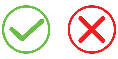 Vector modern isolated Tick and cross icon set on white background. Correct and Negative sing icons set on white background. Checkmark signs on isolated page. EPS 10. 