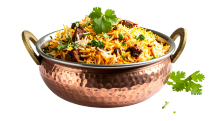 biryani in hammered copper bowl with cilantro garnish isolated on solid white background3