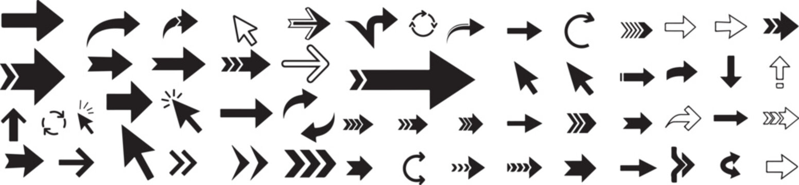 Black vector arrow icons and cursor pointers set. Collection of different directional arrow symbols in modern simple style, including right direction arrows. Vector illustration eps