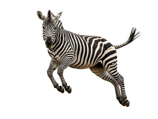 Powerful Black and White Striped Zebra Leaping Mid-Air, captured in an energetic pose, isolated on transparent background for dynamic design.